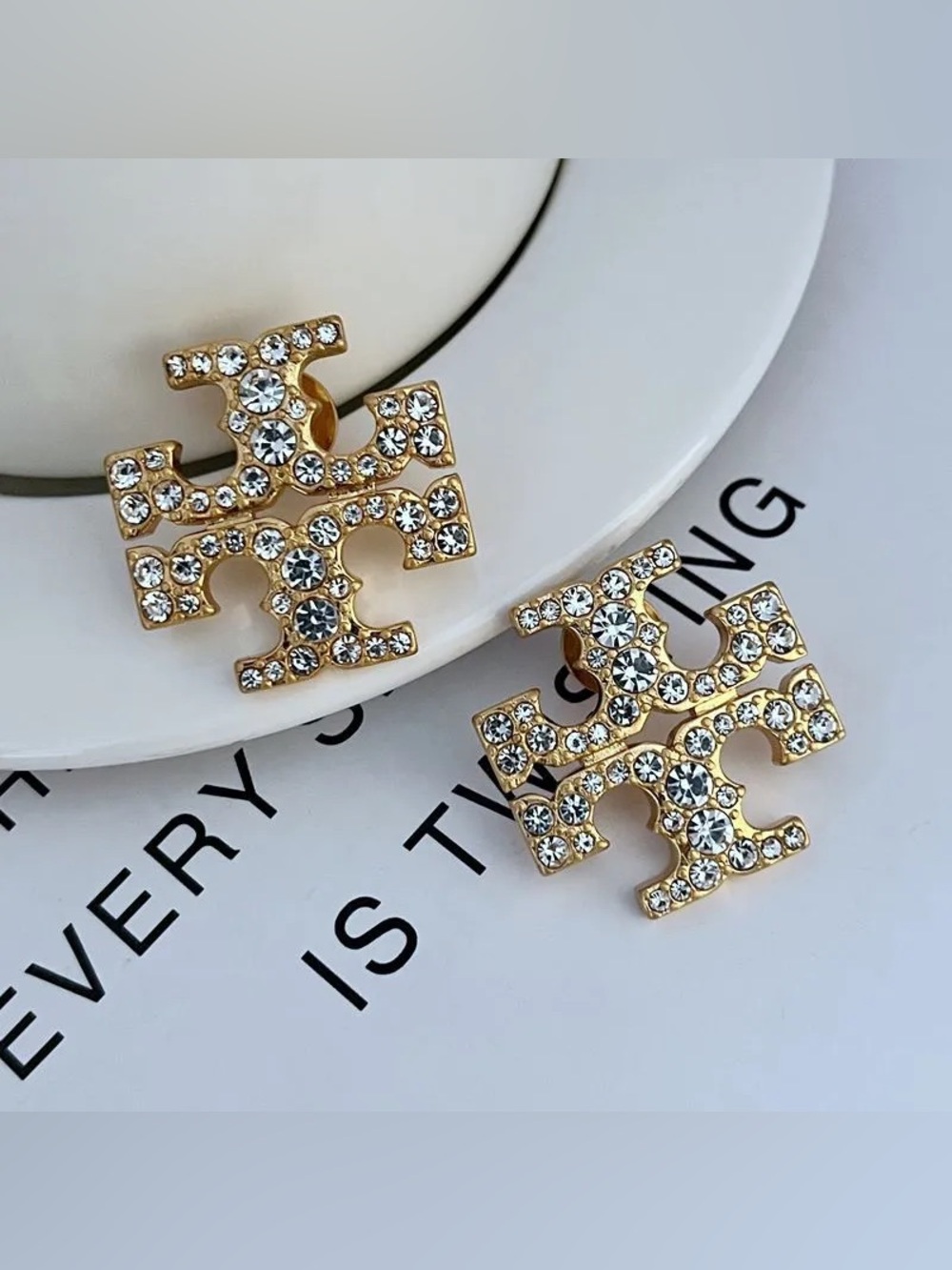 Tory Burch Gold Crystal Logo Stud Earrings